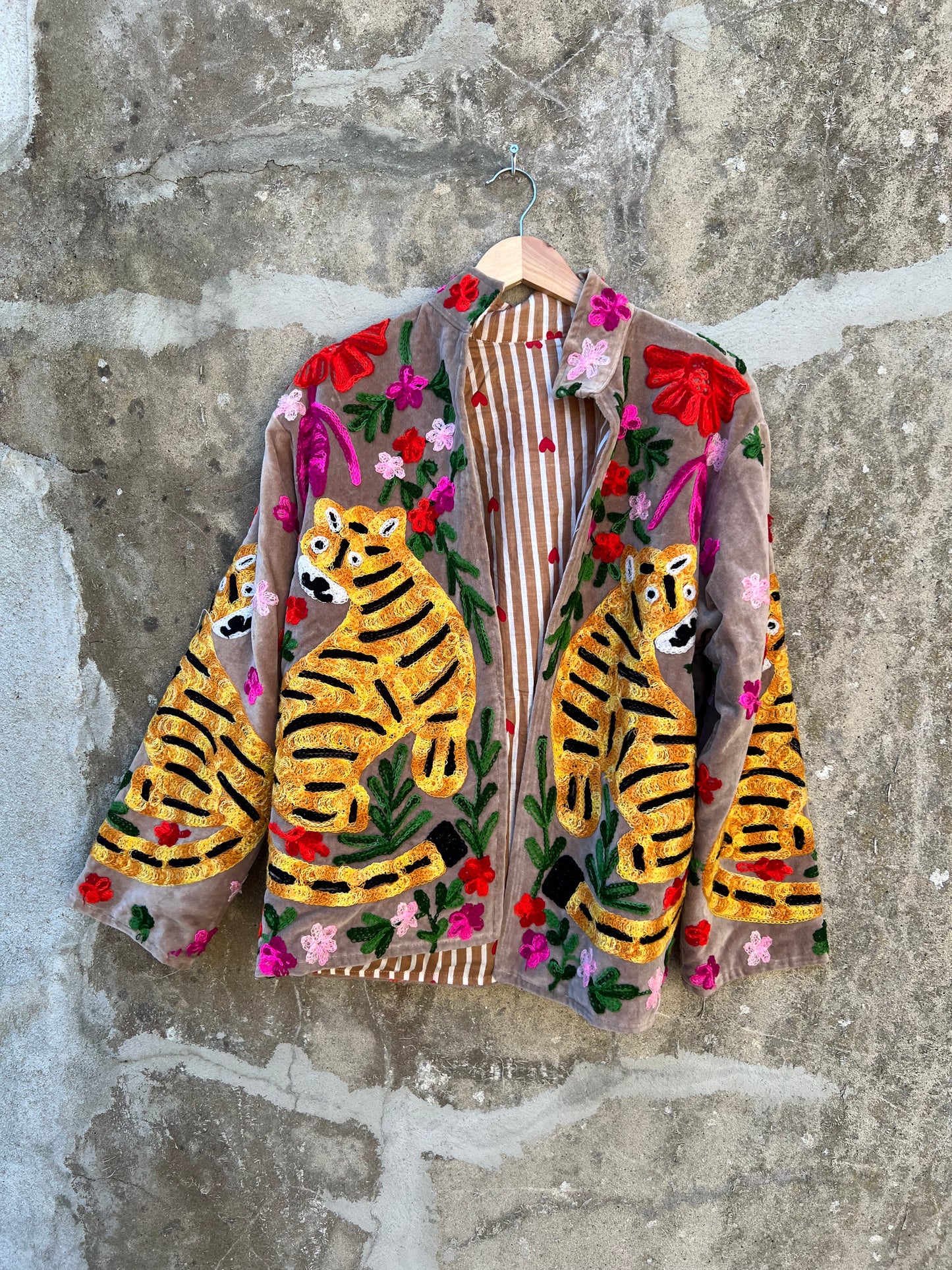 Veste Suzani en velours brodée / Manteau tigre floral avec poche / Taille unique