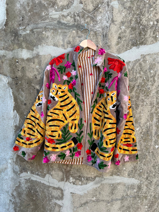 Veste Suzani en velours brodée / Manteau tigre floral avec poche / Taille unique