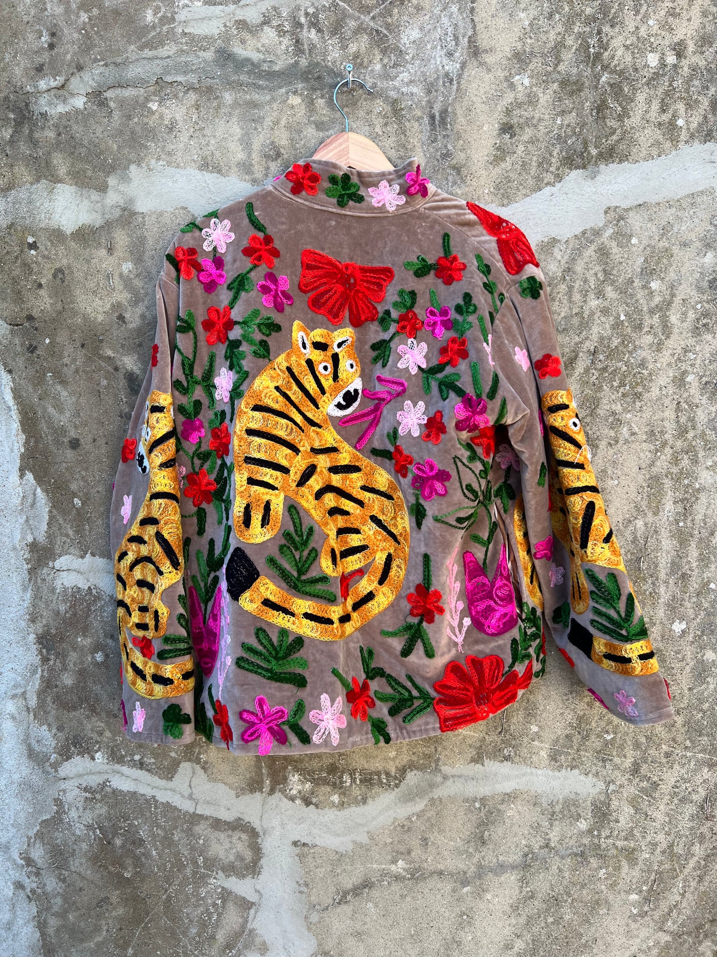 Veste Suzani en velours brodée / Manteau tigre floral avec poche / Taille unique