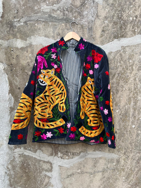 Veste Suzani en velours brodée / Manteau tigre floral avec poche / Taille unique