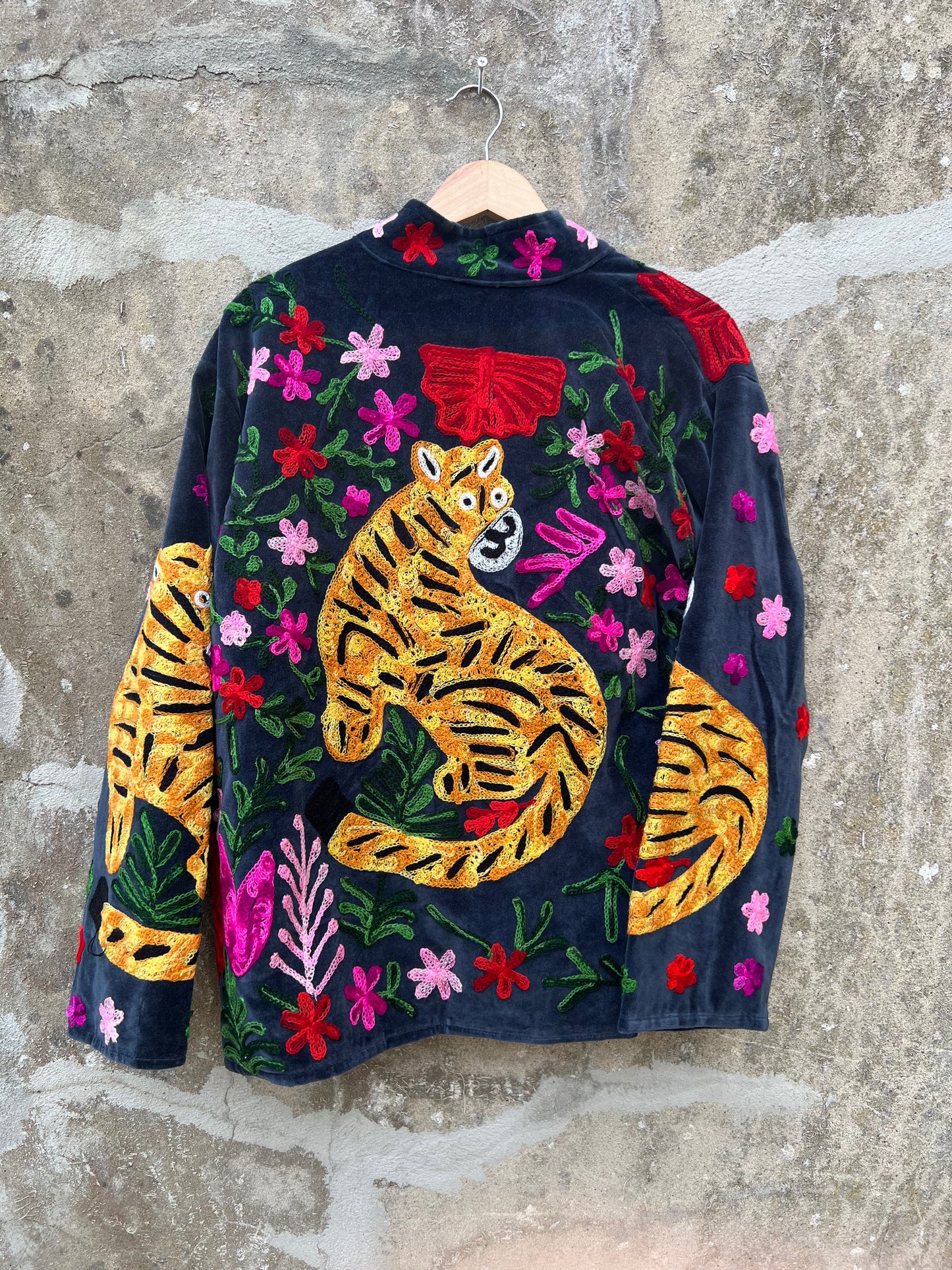 Veste Suzani en velours brodée / Manteau tigre floral avec poche / Taille unique