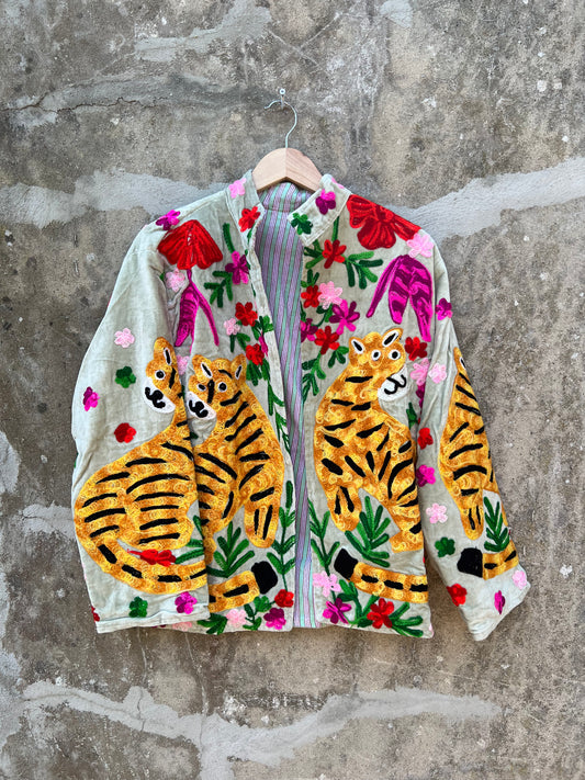 Veste Suzani en velours brodée / Manteau tigre floral avec poche / Taille unique