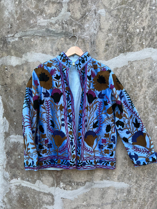 Veste Suzani en velours brodée / Manteau artisanal à fleurs avec poche / Taille unique