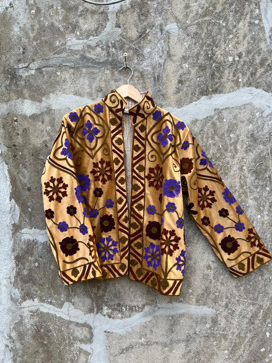 Veste Suzani en velours brodée / Manteau artisanal à fleurs avec poche / Taille unique