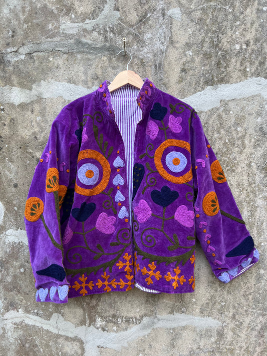 Veste Suzani en velours brodée / Manteau artisanal à fleurs avec poche / Taille unique