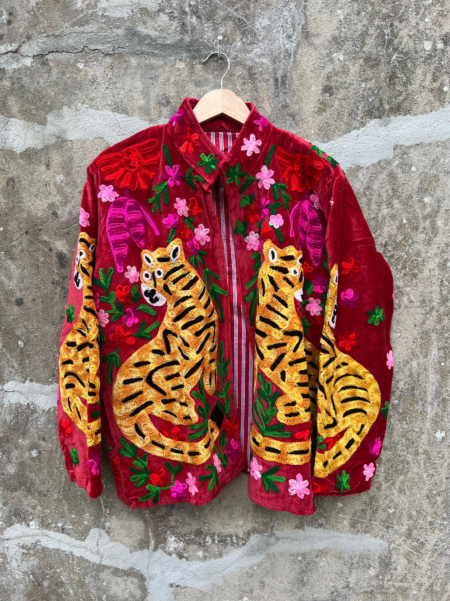 Veste Suzani en velours brodée / Manteau tigre floral avec poche / Taille unique