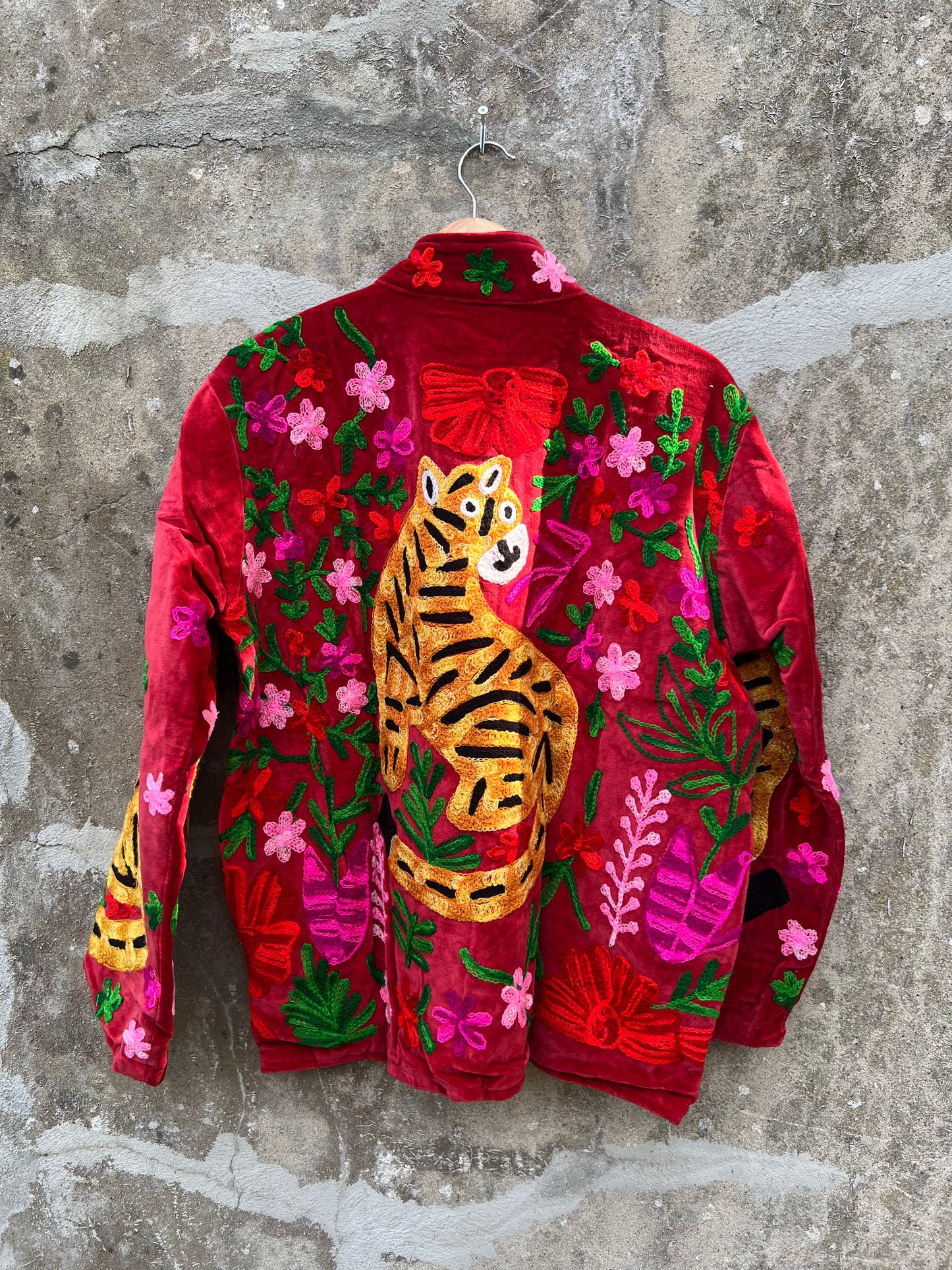 Veste Suzani en velours brodée / Manteau tigre floral avec poche / Taille unique