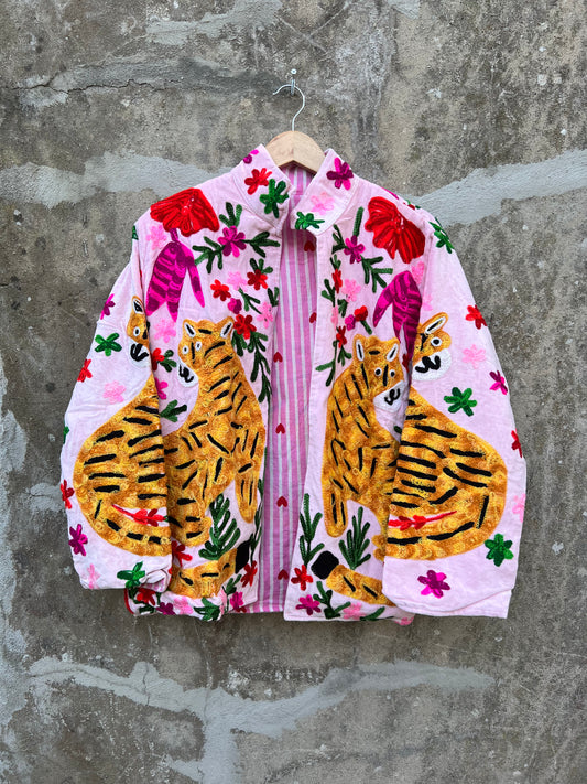 Veste Suzani en velours brodée / Manteau tigre floral avec poche / Taille unique