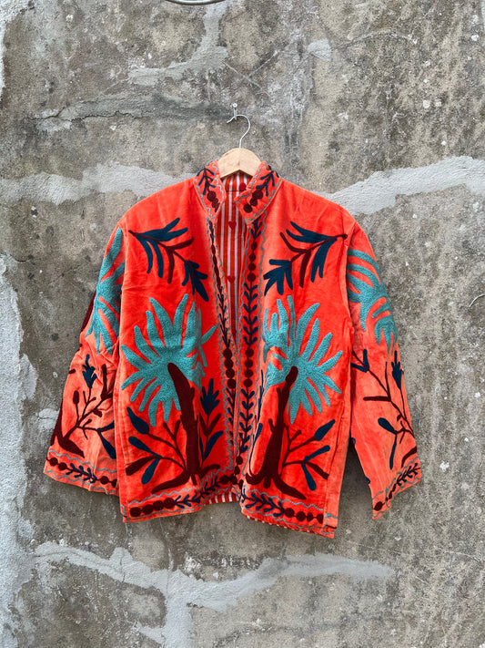 Veste Suzani en velours brodée / Manteau artisanal à fleurs avec poche / Taille unique