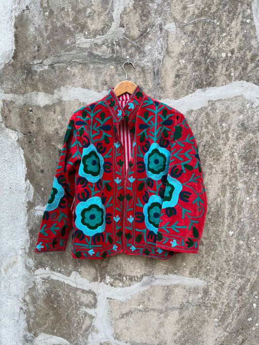 Veste Suzani en velours brodée / Manteau artisanal à fleurs avec poche / Taille unique