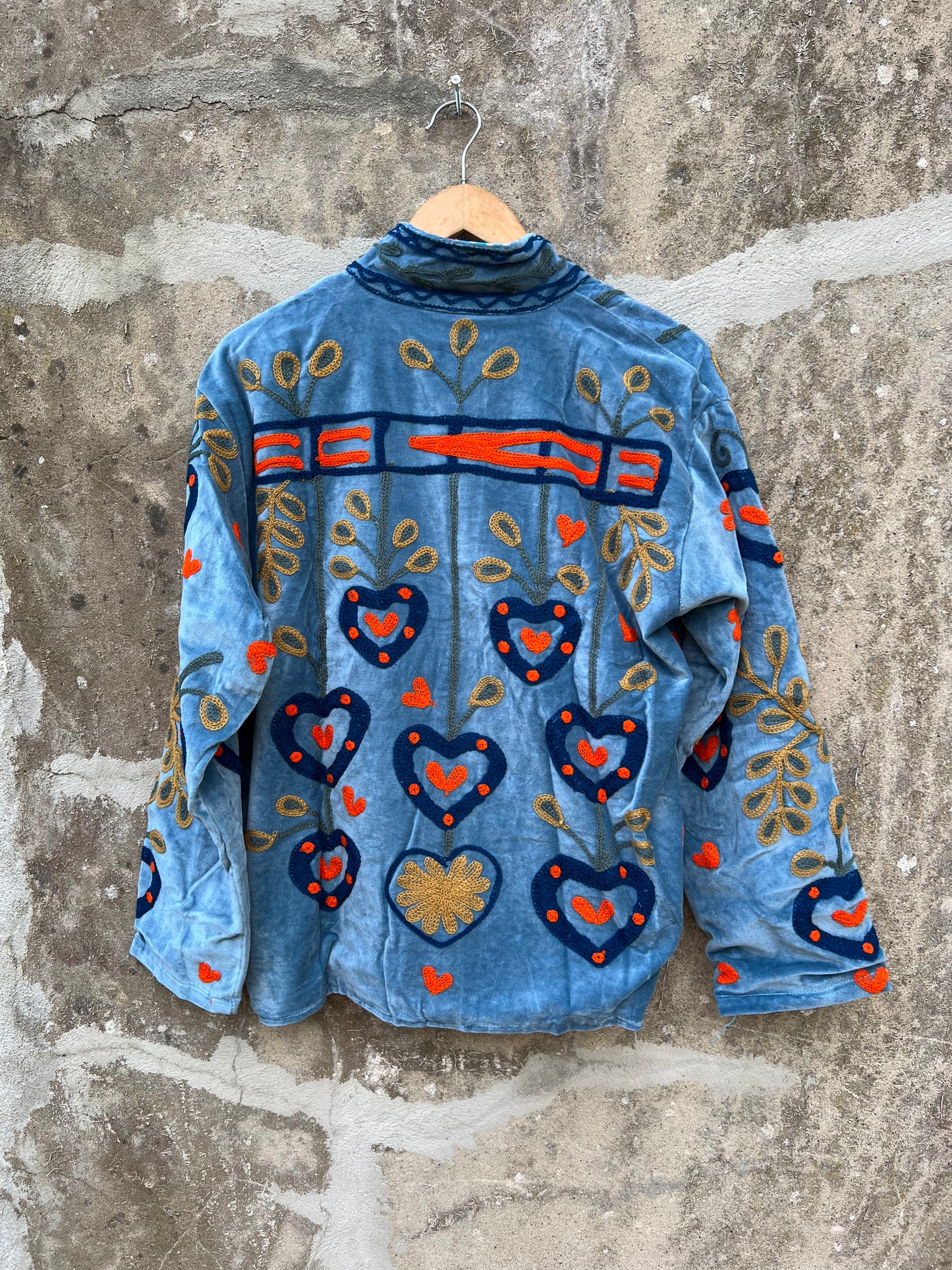 Veste Suzani en velours brodée / Manteau artisanal à fleurs avec poche / Taille unique