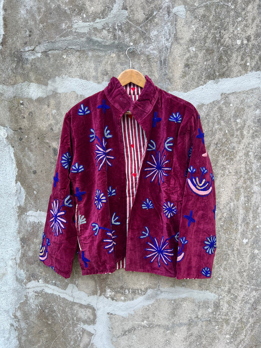 Veste Suzani en velours brodée / Manteau artisanal à fleurs avec poche / Taille unique