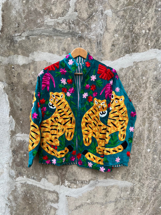 Veste Suzani en velours brodée / Manteau tigre floral avec poche / Taille unique