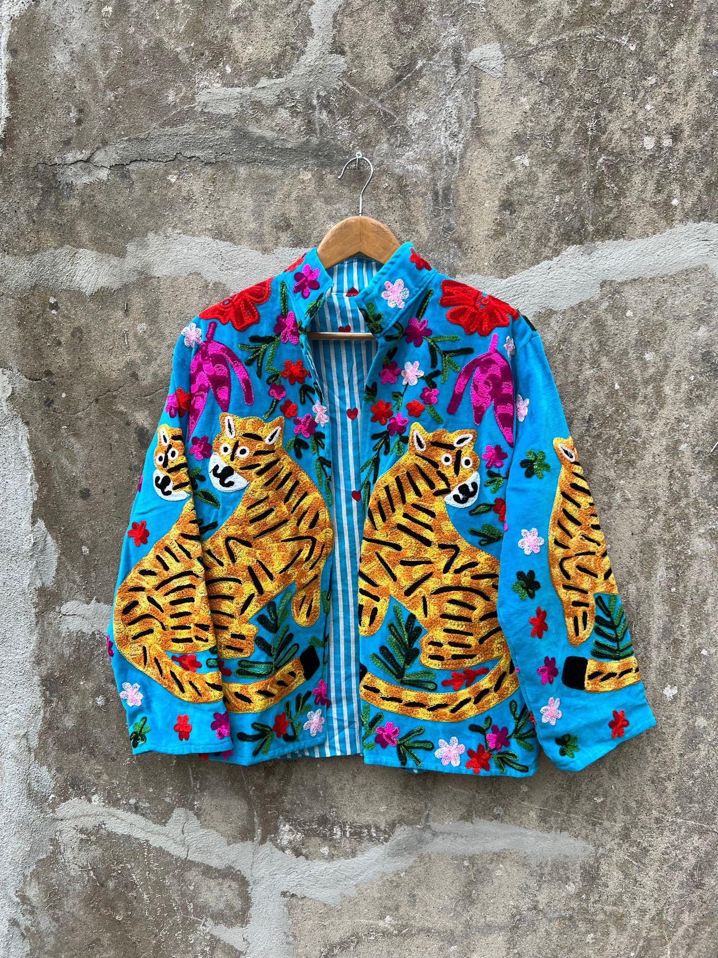 Veste Suzani en velours brodée / Manteau tigre floral avec poche / Taille unique