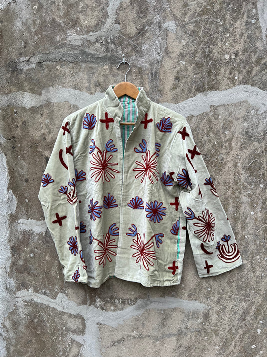 Veste Suzani en velours brodée / Manteau artisanal à fleurs avec poche / Taille unique