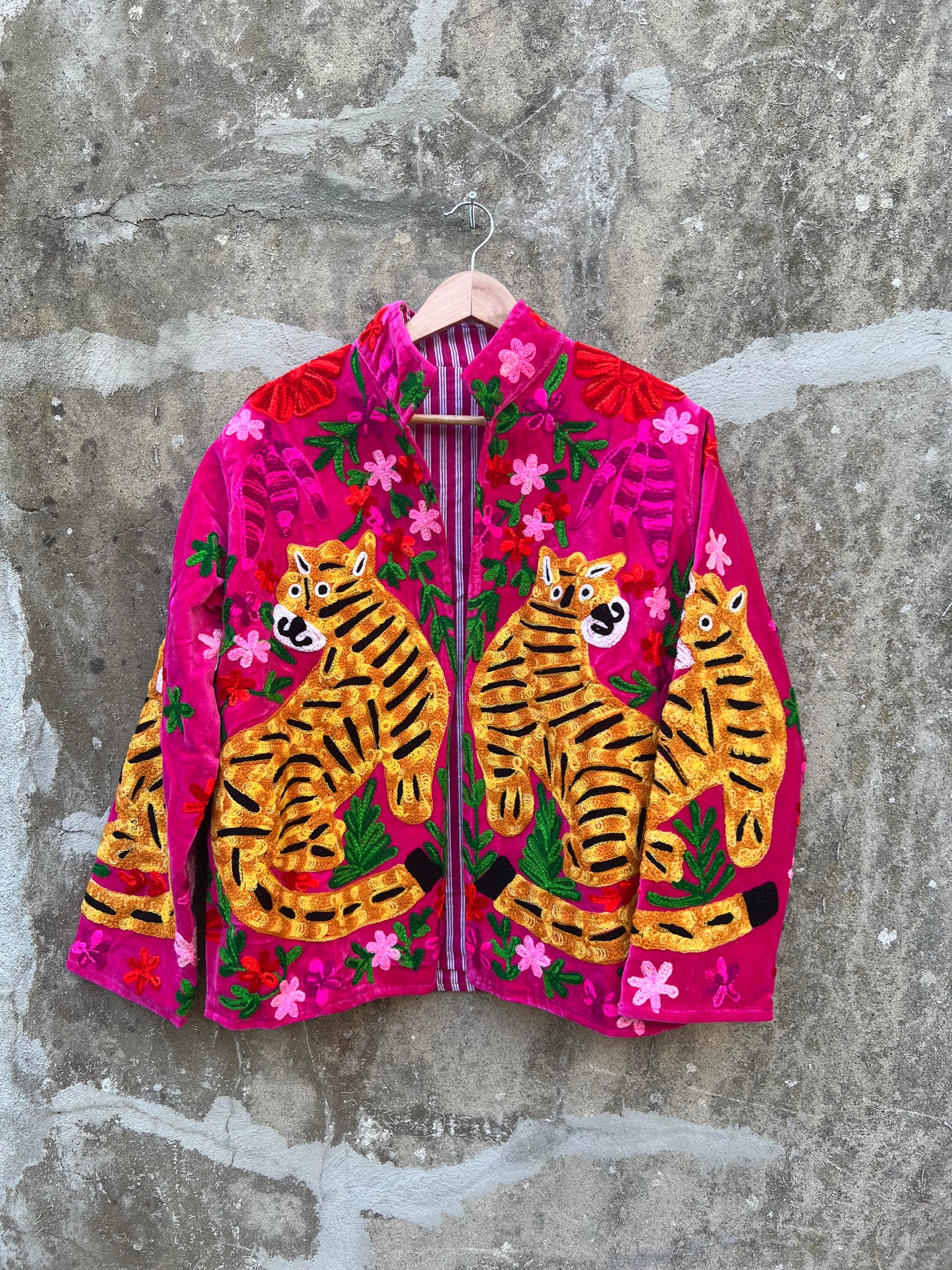 Veste Suzani en velours brodée / Manteau tigre floral avec poche / Taille unique
