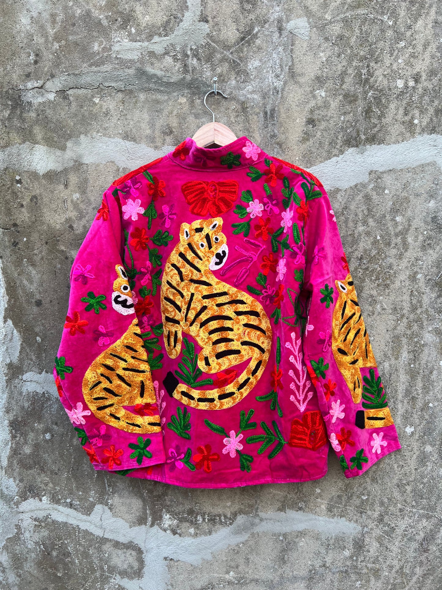 Veste Suzani en velours brodée / Manteau tigre floral avec poche / Taille unique