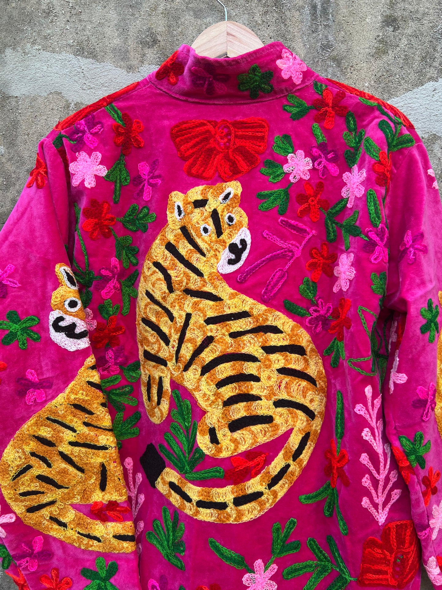 Veste Suzani en velours brodée / Manteau tigre floral avec poche / Taille unique